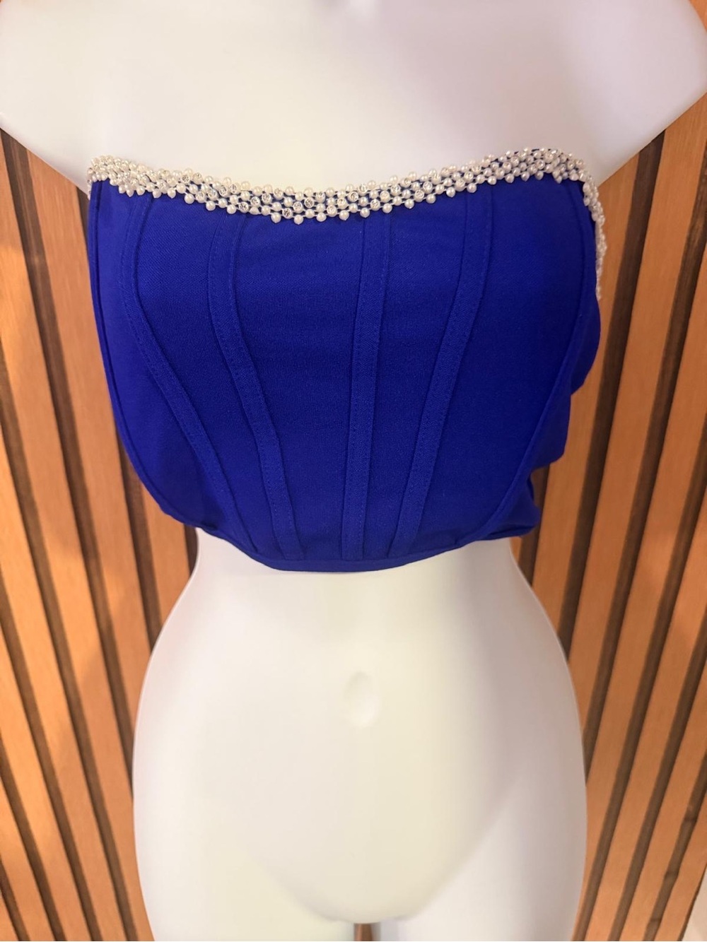 Pearl-Trim Strapless Royal Blue Crop Top